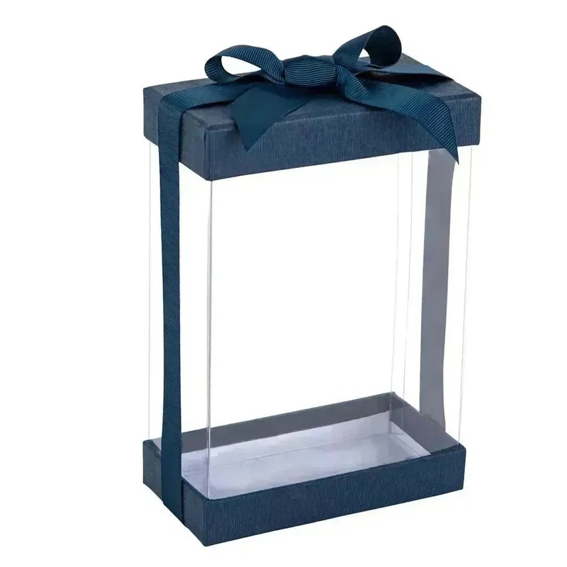 Plastic Gift Boxes 6 Pack With Base Lid & Ribbon Navy Blue 7.5X5X2.5″ Bakery Boxes