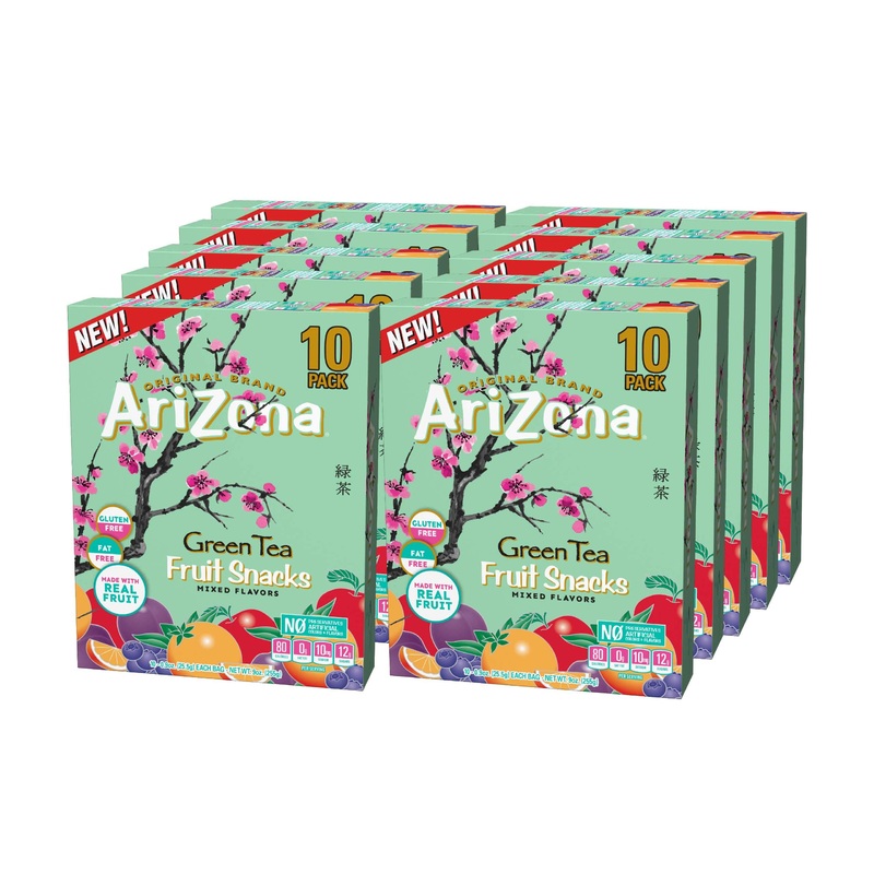 AriZona Green Tea Fruit Snacks, Gluten Free Gummy Chews, 10 Pack of 0.9oz Individual Bags, Perfect for On-the-Go Snacking