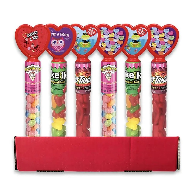 Bee International Candy Hearts Tubes – Mike & Ike, Hot Tamales, and Warheads: 24-Piece Display