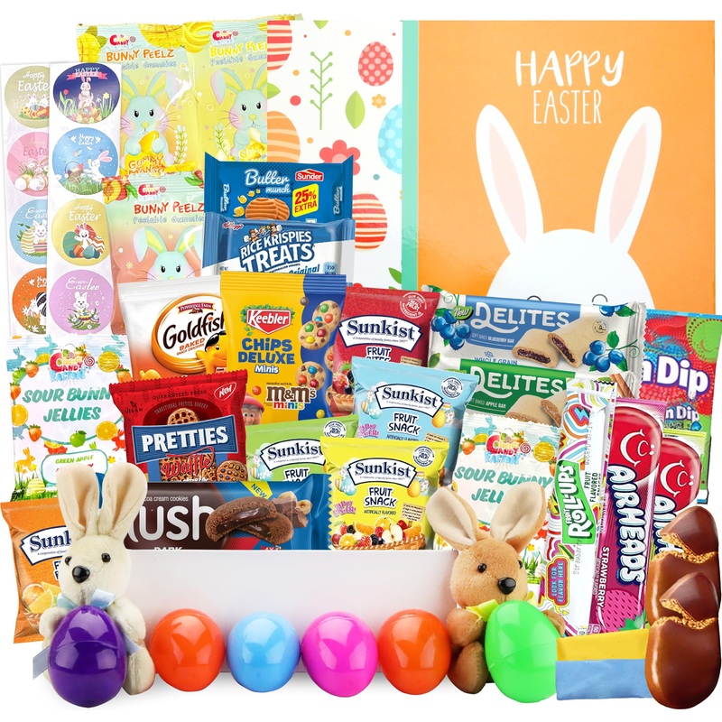 Easter Snack Yellow Box (42 Count) Filled With Snacks, Cookies, Peelable Gummies, Marshmallow Gummies, Bunny And More, Great Pac