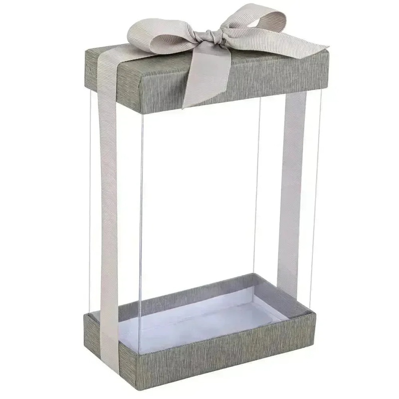 Plastic Gift Boxes 6 Pack With Base Lid & Ribbon Gray 7.5X5X2.5″ Bakery Boxes