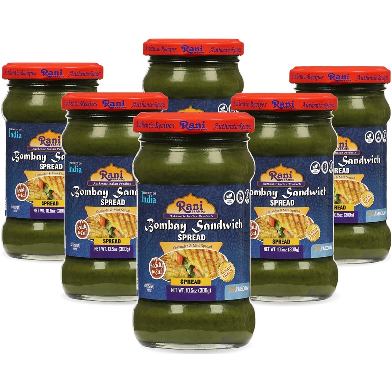 Rani Bombay Sandwich Spread, Mild (Mint & Coriander) 10.5Oz (300G) Glass Jar, Ready To Eat, Pack Of 5+1 Free ~ Vegan | Gluten Fr
