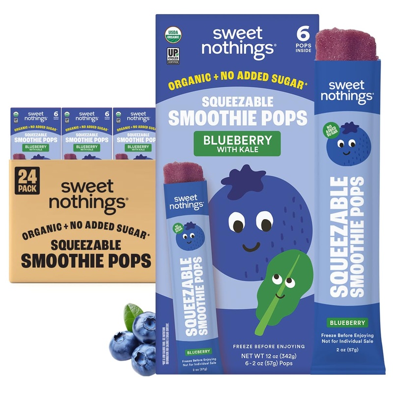 Sweet Nothings, Blueberry, Usda Organic Kids’ Squeezable Super Fruit Smoothie Freezie Pops, Value Pack Of 24 – Dye-Free, No Adde