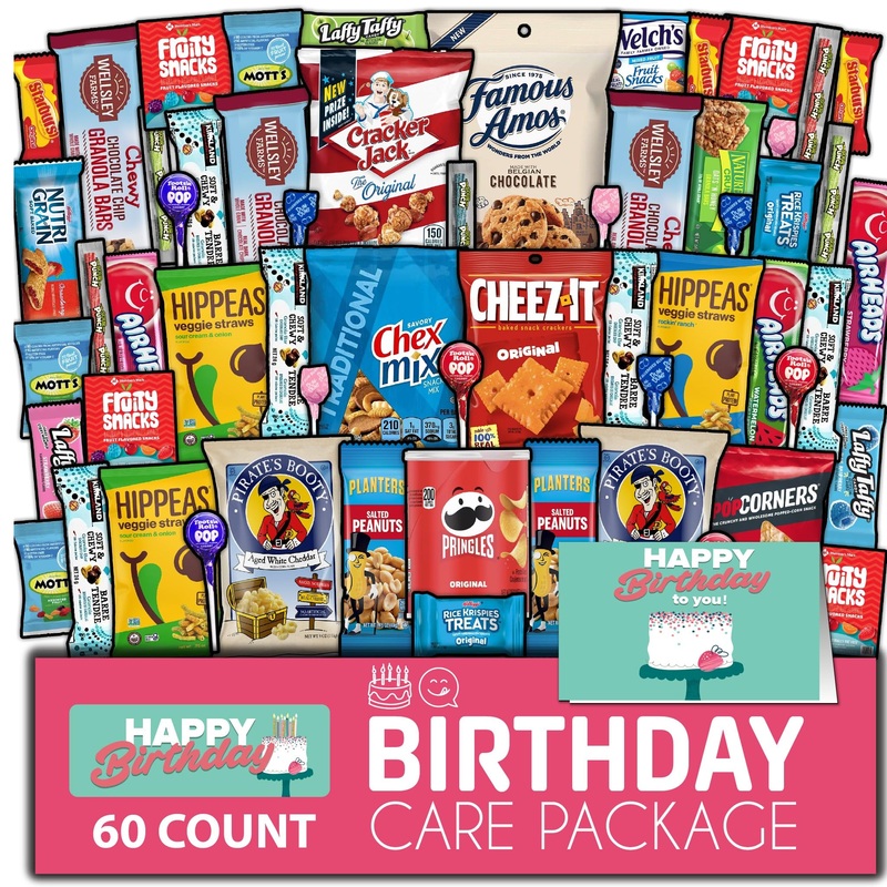 Gift A Snack – Happy Birthday Snack Box Variety Pack Care Package + Greeting Card (60 Count) Bday Sweet Treats Gift Basket, Cand