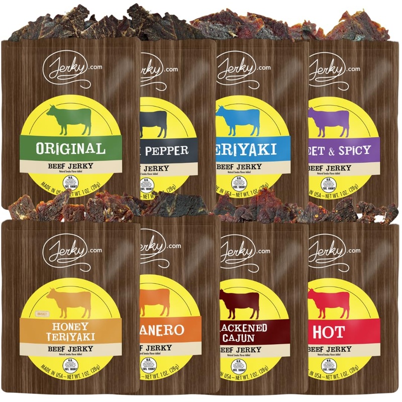 Jerky.Com Beef Jerky Sampler – Featuring Original, Black Pepper, Teriyaki, Sweet & Spicy, Hot, Habanero, Blackened Cajun, Honey