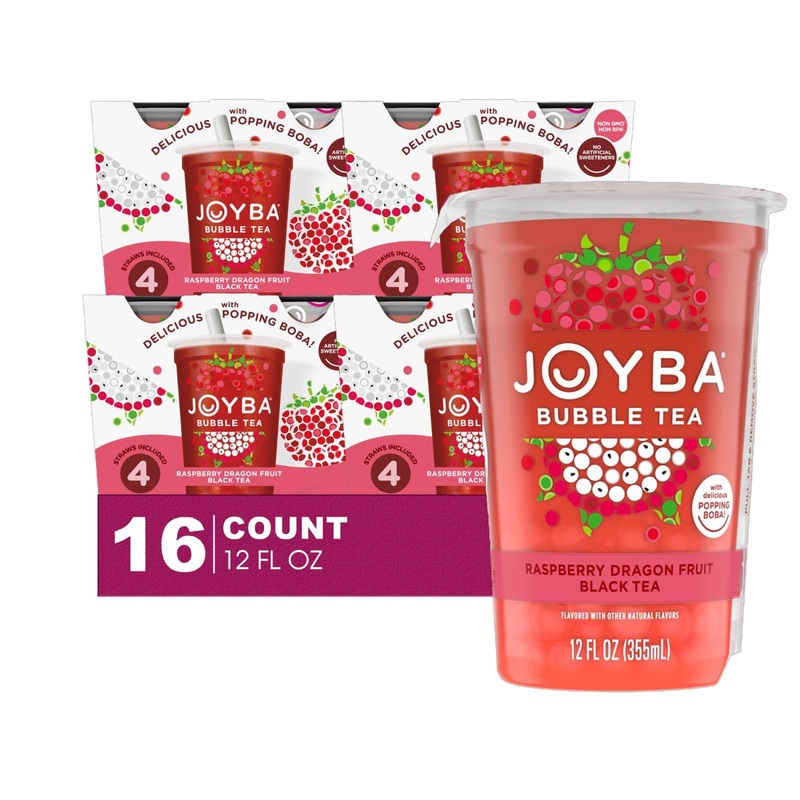 Joyba 16 Pack Raspberry Dragonfruit Bubble Black Tea Cups 12 Fl Oz With Delicious Natural Fruit Flavored Popping Boba + 1 Freebi