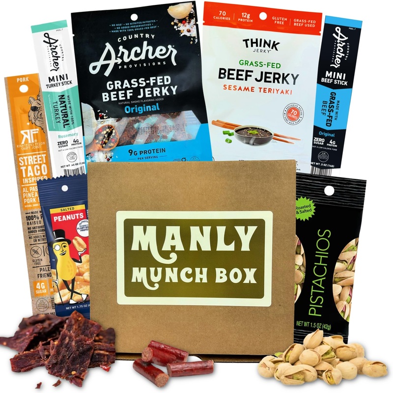 Manly Munch Box Jerky Gift Box, Curated Assortment Of High Protein Snacks, Beef & Turkey Jerky Variety Pack Gift Set, Exotic Mea