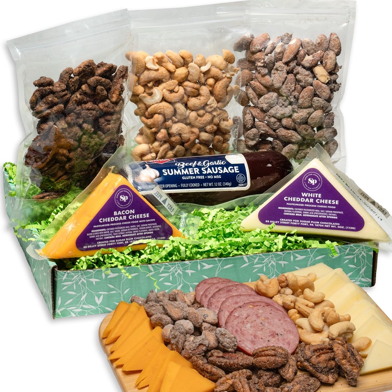 Sausage, Cheese And Nuts Gift Basket For Men, Women, Cashews, Almonds, Maple Pecans, 2 Cheeses, Summer Sausage – Birthday Gift F