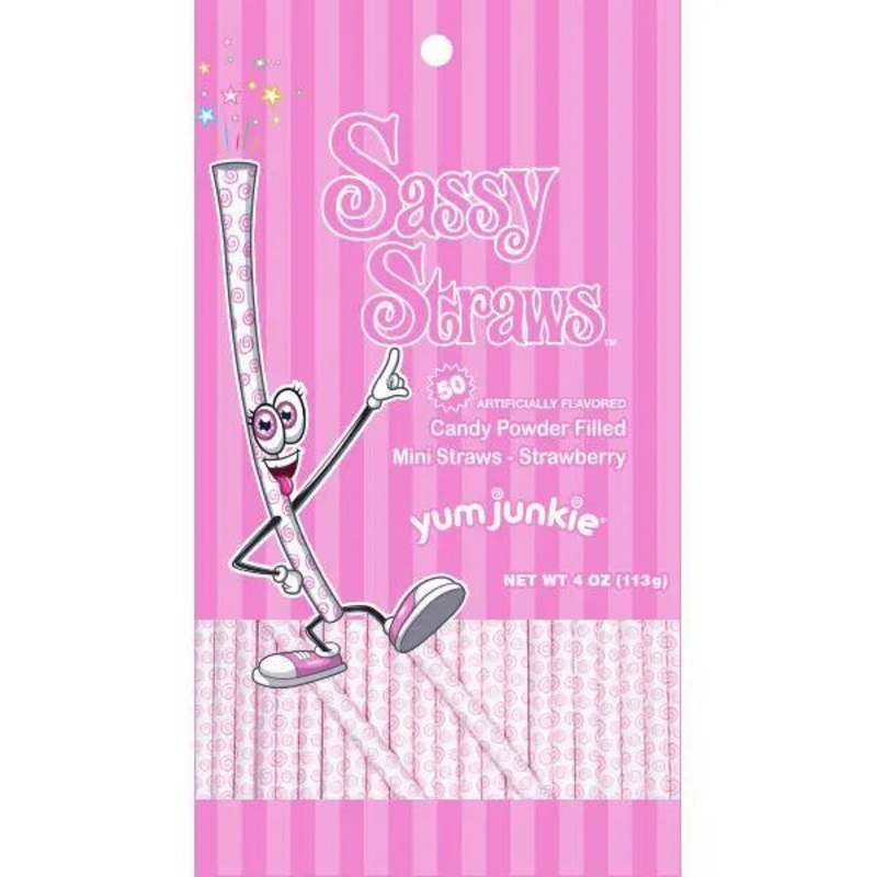 YumJunkie Sassy Straws Candy Powder Filled Mini Straws – Strawberry: 50-Piece Bag