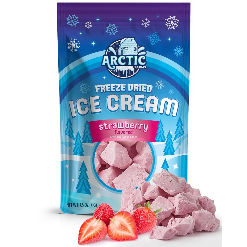 Arctic Farms Freeze Dried Ice Cream Bits Bagged And Boxed – Does Not Melt (Strawberry)