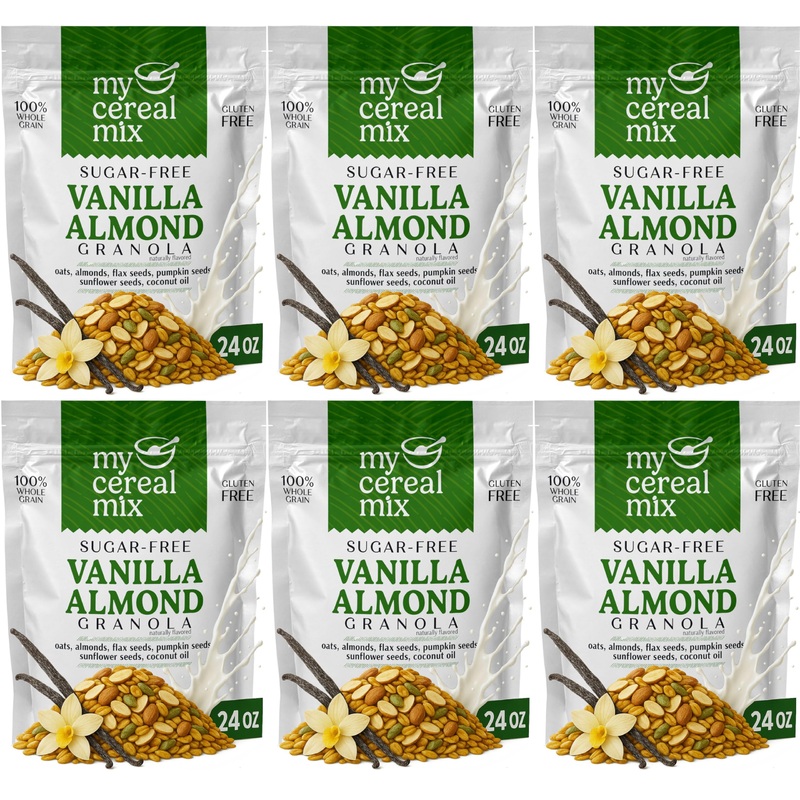 Mycerealmix Sugar Free Vanilla Almond Granola – 6 Pack (144Oz Total) – Vegan, Gluten Free – Diabetic Friendly Breakfast Cereal –