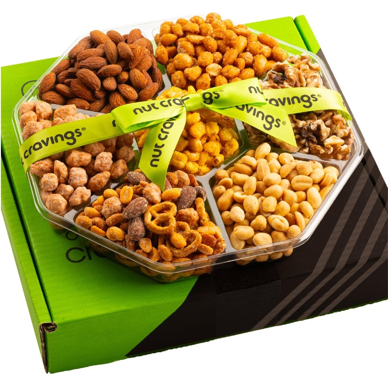 Nut Cravings Fathers Day Gourmet Dad Treats – Mixed Nuts Gift Basket + Green Ribbon Classic (7 Assortments, 1 Lb) Food Arrangeme