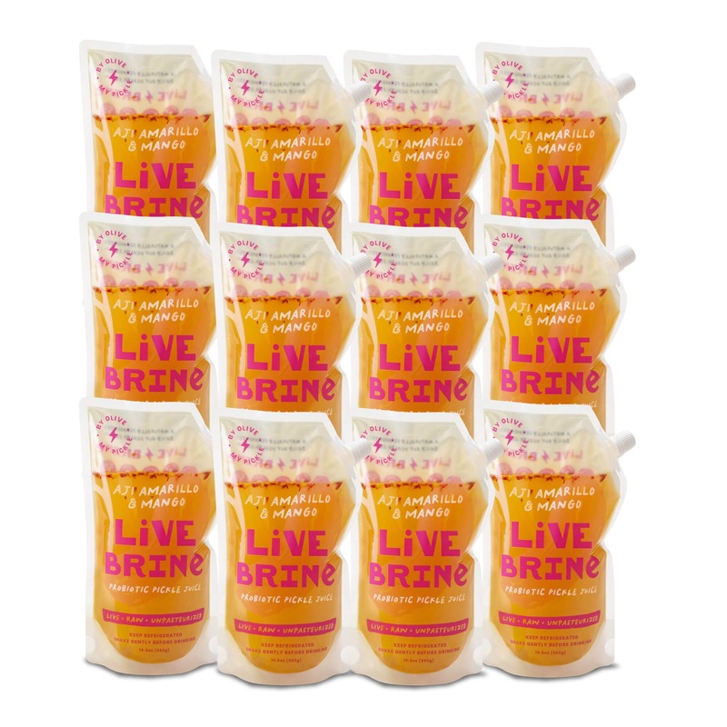 Olive My Pickle Probiotic Pickle Juice – 234 Ounces | 12 Pack Bundle Of Livebrine Aji Amarillo & Mango Pickle Juice With Natural