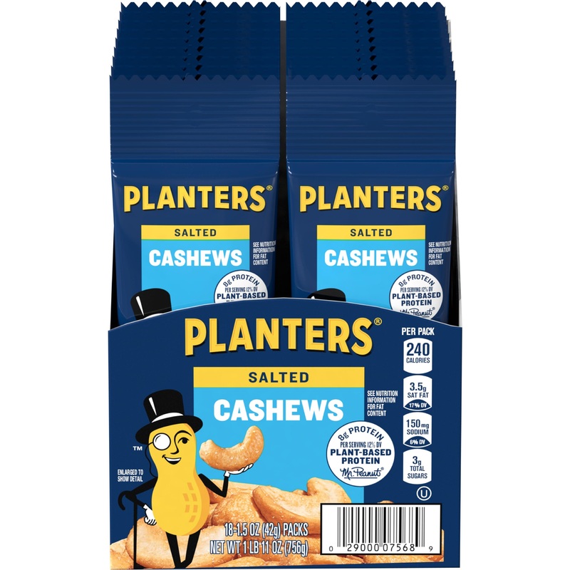 Planters Cashews Salted, Plant-Based Protein, Individually Packed Snacks, Quick Snack For Adults, After School Snack, Roasted Ca