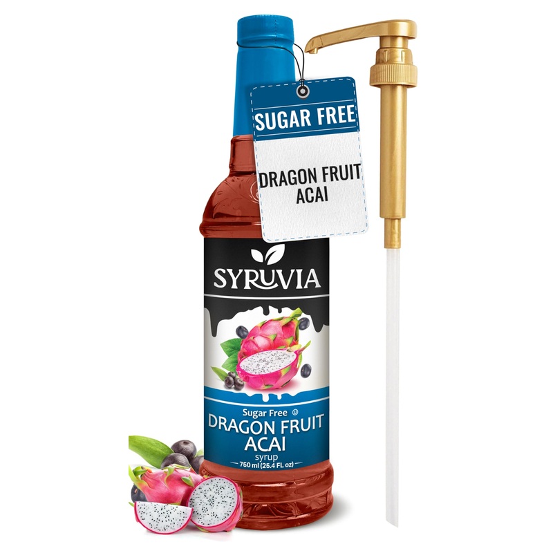 Syruvia Sugar Free Dragon Fruit Acai Syrup With Syrup Pump Dispenser – Dragon Fruit Acai Syrup Flavor, 25.4 Fl Oz – Perfect For