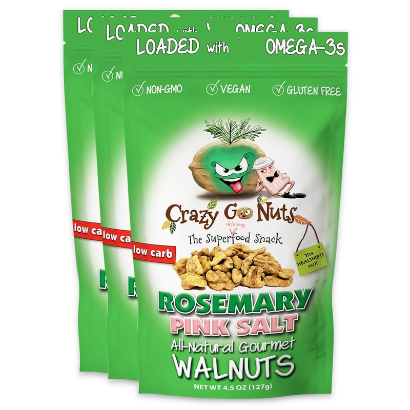 Crazy Go Nuts Walnuts – Rosemary Pink Salt, 4.5 Oz (3-Pack) – Healthy Snacks, Keto, Vegan, Low Carb, Gluten Free, Superfood – Na