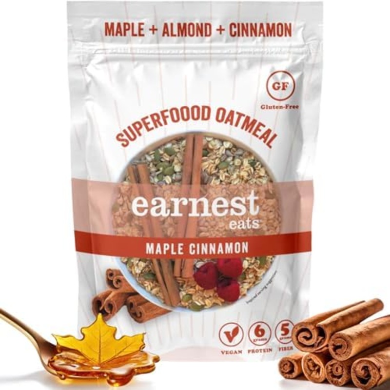 Earnest Eats Superfood Maple Cinnamon Almond Oatmeal (6 Pack)- No Sugar Added, Vegan, Gluten Free, Good Source Of Fiber