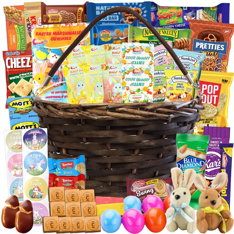 Easter Brown Round Willow Basket (70 Ct) Filled With Treats, Snacks, Candy, Peelable Gummies, Marshmallow Gummies, Bunny And Mor