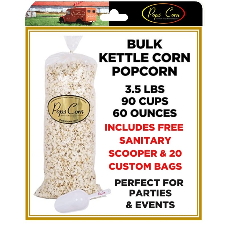 Gourmet Kettle Corn Popcorn-Bulk-Wholesale-5 Gallons-90 Cups-60 Oz -Free Sanitary Scooper & 20 Gift Bags Included!
