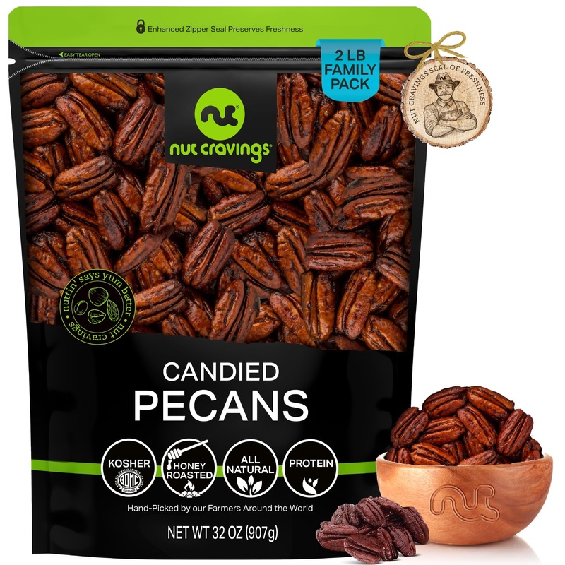 Nut Cravings – Candied Pecans Honey Glazed Praline, No Shell (32Oz – 2 Lb) Bulk Nuts Packed Fresh In Resealable Bag – Healthy Pr