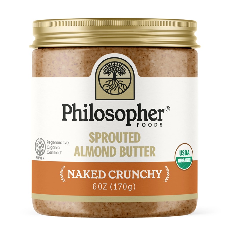 Philosopher Foods – Organic Naked Crunchy Sprouted Almond Butter – 6 Oz – Stone Ground Regenerative Organic Crunchy Almond Nut B