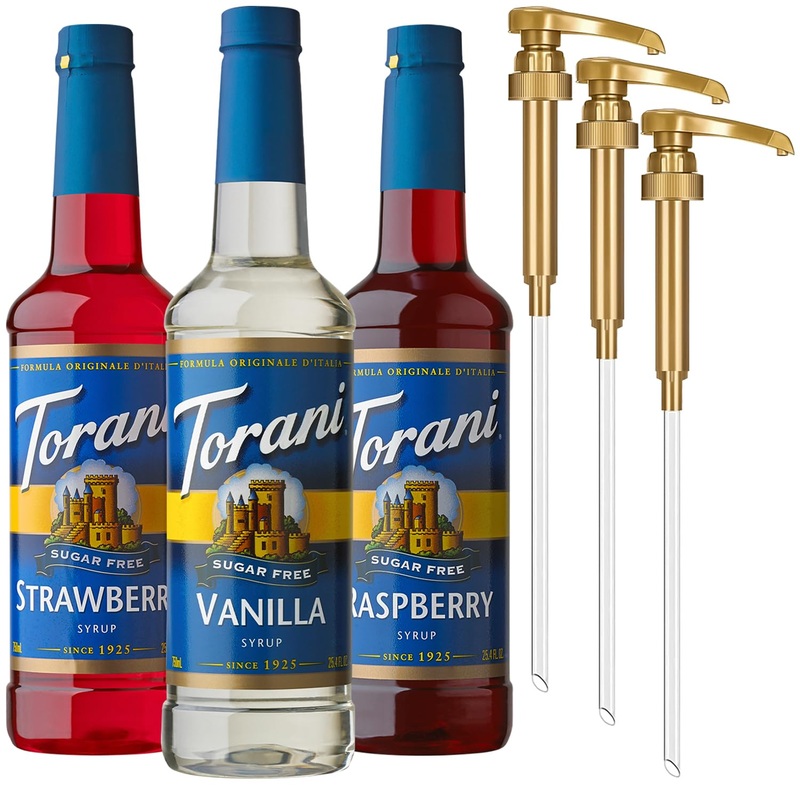 Torani Sugar Free Syrup Variety 3-Pack, Strawberry, Raspberry, And Vanilla, Zero-Calorie Syrups For Drinks, Pumps Included, 25.4