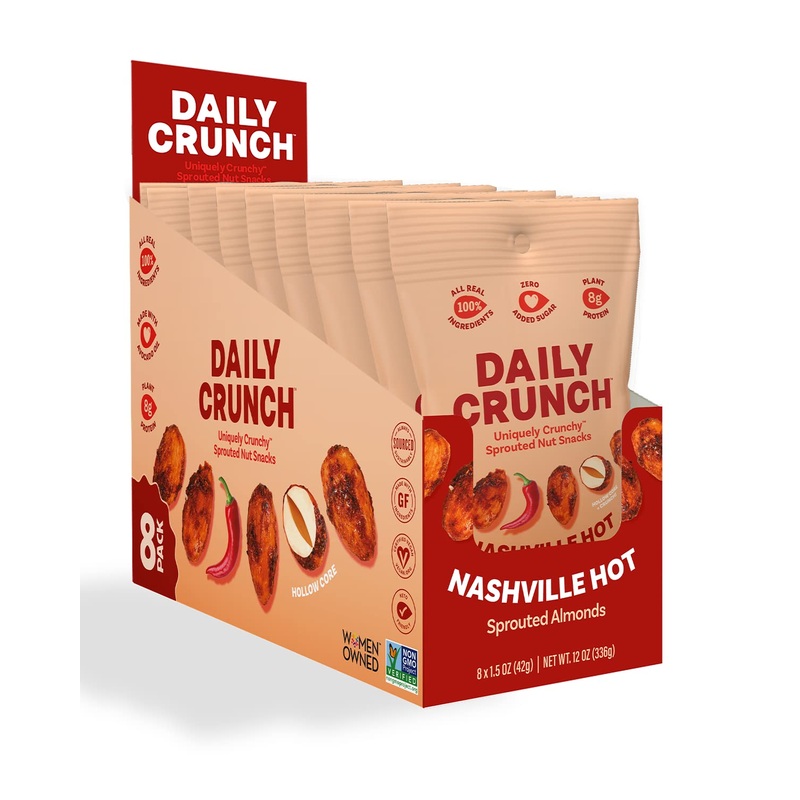 Daily Crunch, Nashville Hot Sprouted Almonds, Minis (1.5Oz, Pack Of 8) – Sprouted And Dehydrated For A Unique Crunch, Keto Frien