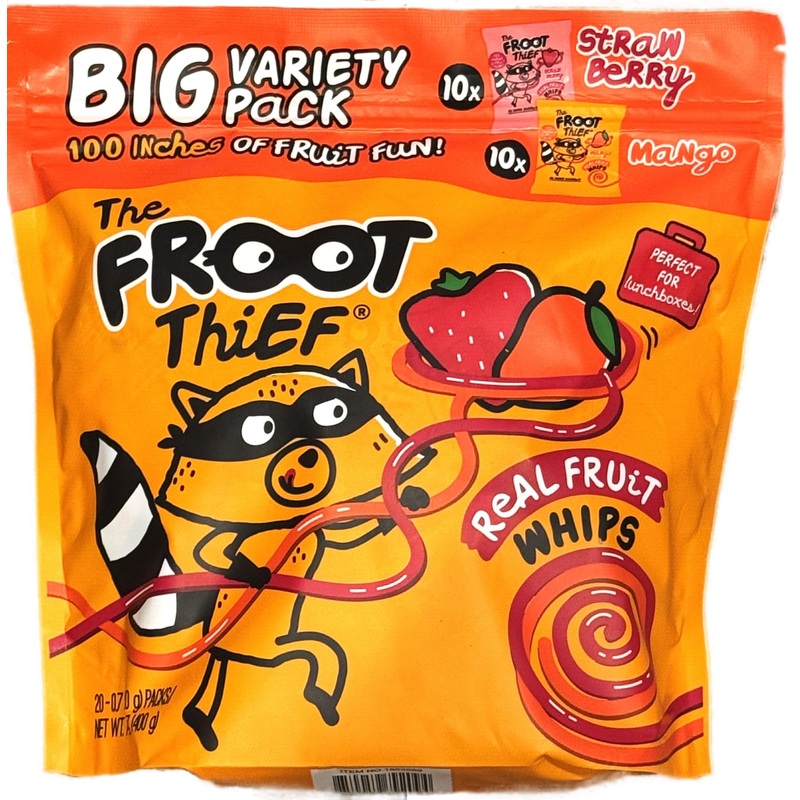 Foot Thief Real Fruit Whips Vegan Big Variety Pack Gluten Free 10 Bags Of Strawberry 10 Bags Of Mango No Preservatives (Total 20