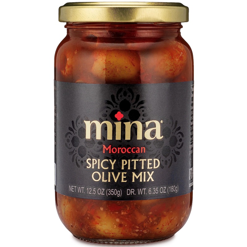 Mina Spicy Pitted Olive Mix, 12.5 Oz – Premium Handpicked Moroccan Olives With Red Chili Pepper Harissa, Keto Friendly Spicy Oli