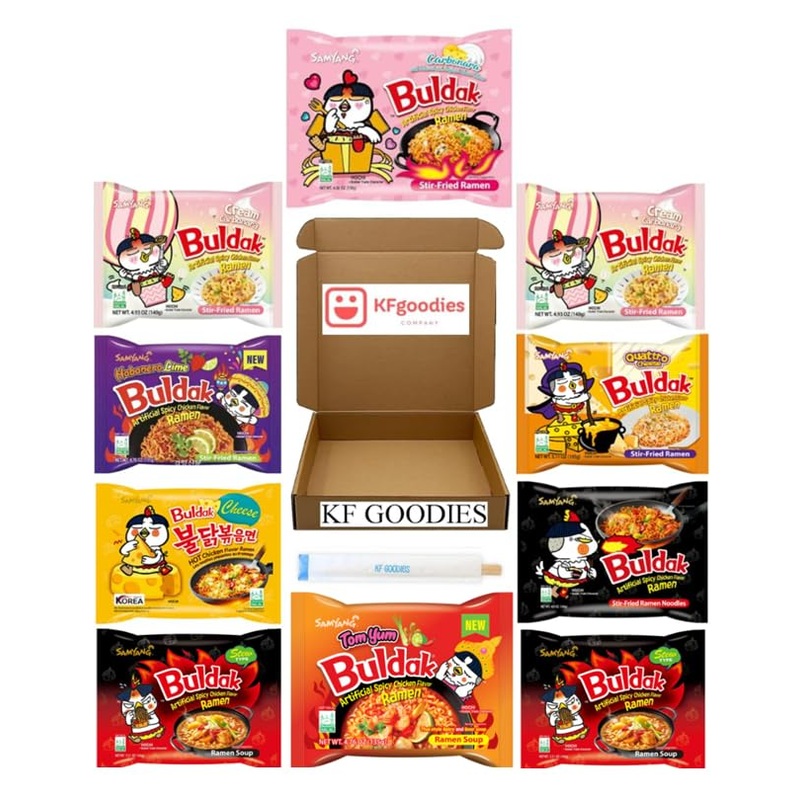 Samyang Buldak Hot Spicy Chicken Ramen Noodle Korean Stir-Fried Ramen (10, Carbonara (1), Cheese (1), Habanero Lime (1), Origina