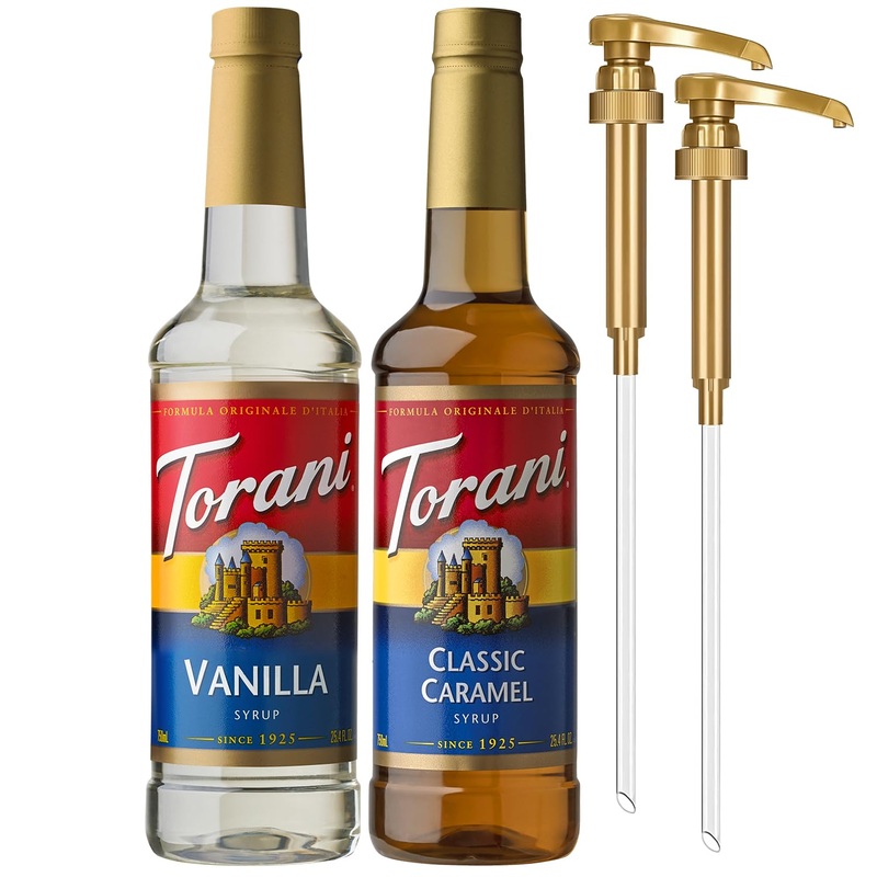 Torani Syrups, Classic Caramel And Vanilla Syrup Variety 2-Pack, Coffee Syrups For Drinks, Pumps Included, 25.4 Fl Oz Ea