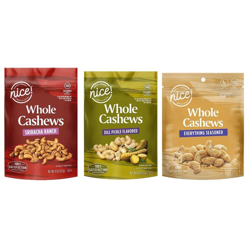 Everything Bagel Seasoned, Dill Pickle, Sriracha Ranch Hot Spicy Flavored Whole Cashew Nut Varity Mix, 1, 8 Oz Bag Each, Roasted