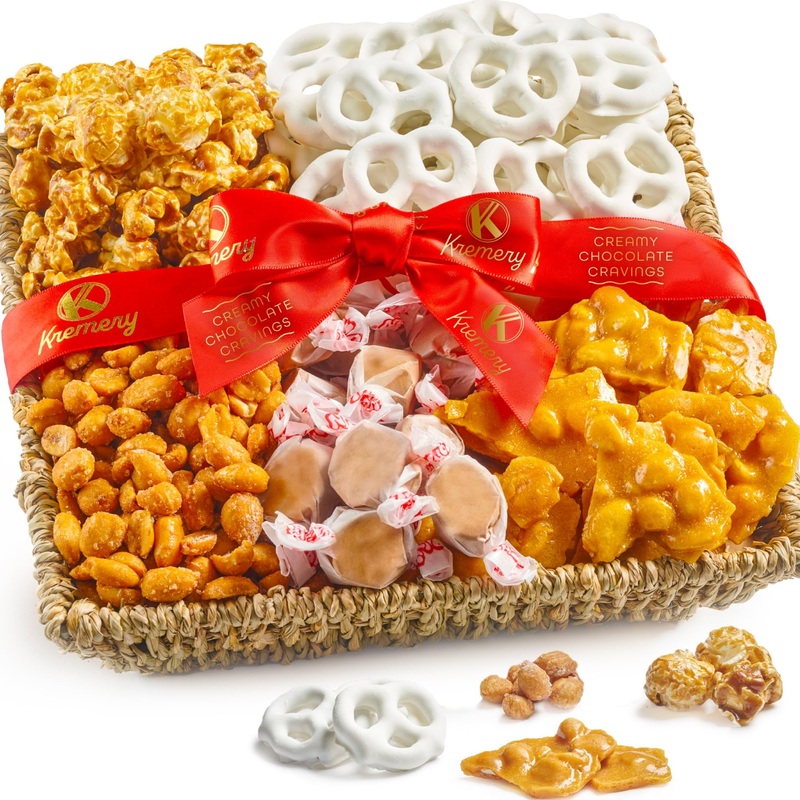 Kremery Creamy Chocolate Cravings – Fathers Day, Chocolate Covered Pretzels & Caramel Popcorn Gift Basket, In Seagrass Tray + Ri