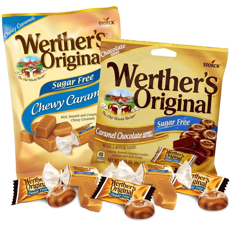 Needzo Werther’S Original Sugar Free Chewy Caramels And Chocolate Caramel Hard Candies Bundle, Shareable Bag With Individually W