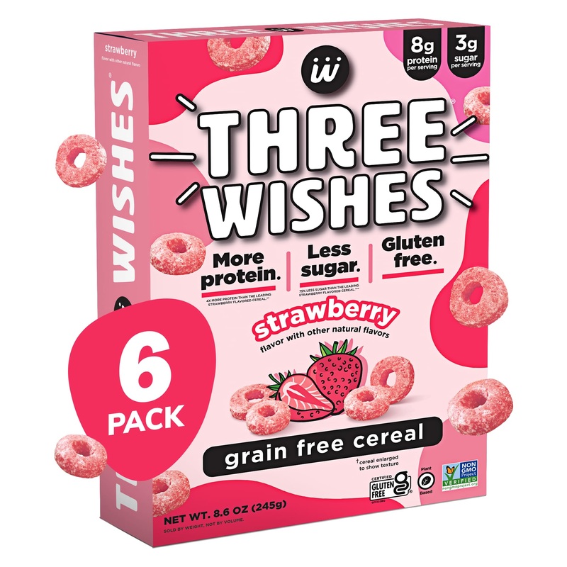 Protein And Gluten-Free Breakfast Cereal By Three Wishes – Strawberry, 6 Pack – More Protein And Less Sugar Snack With Natural F