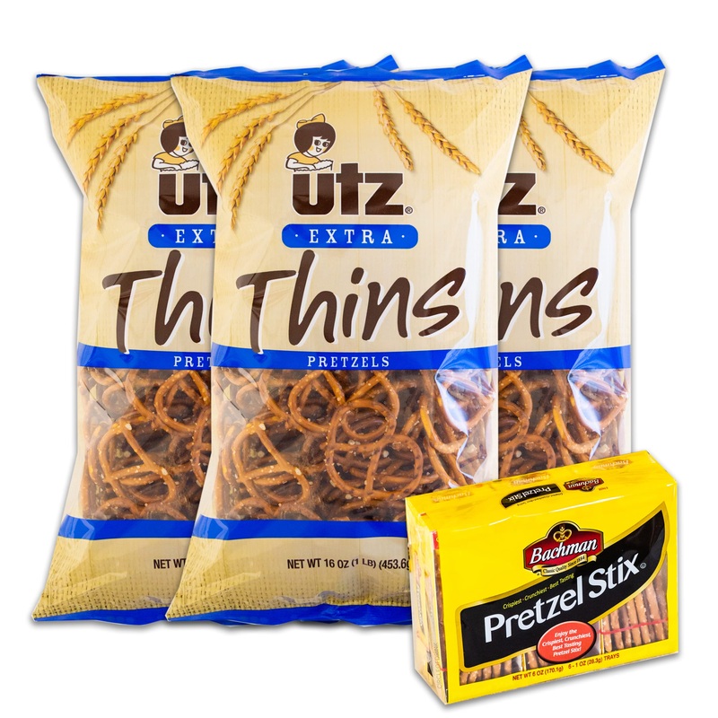 Utz Extra Thins Pretzels (3, 16Oz Bags) – Variety Pack – Bachman Pretzel Stix (1, 6-1Oz Trays) – Thin, Crispy, Crunchy Pretzels
