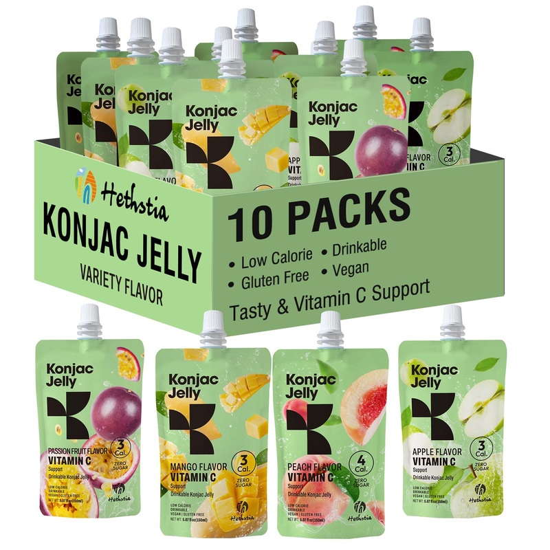 Hethstia Konjac Jelly, 10 Pack – Peach, Mango, Passion Fruit, Green Apple – Vegan, Sugar-Free, Low Calorie, Keto, Gluten-Free, V