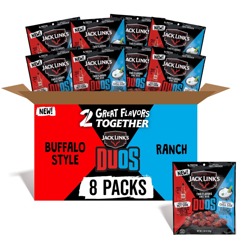 Jack Link’S Duos Frank’S Redhot Buffalo Style With Creamy Ranch Flavor Chicken Bites, Under 100 Calories Snacks, 8G Of Protein,