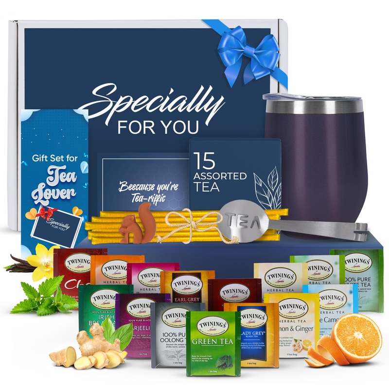 Mothers Day Gifts For Mom Tea Gifts For Women – Sampler Gift Basket With 15 Unique Blends, Honey Sticks, Stainless Tumbler & Gif