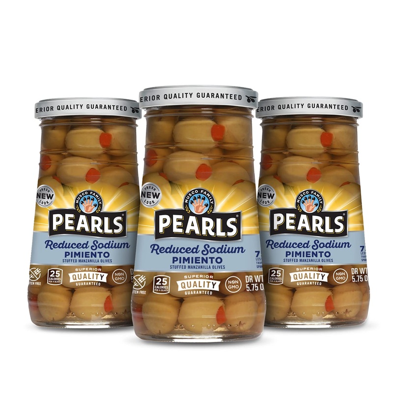 Pearls Low-Sodium Pimiento Stuffed Manzanilla Green Olives, Pack Of 3, 5.75 Oz Jars