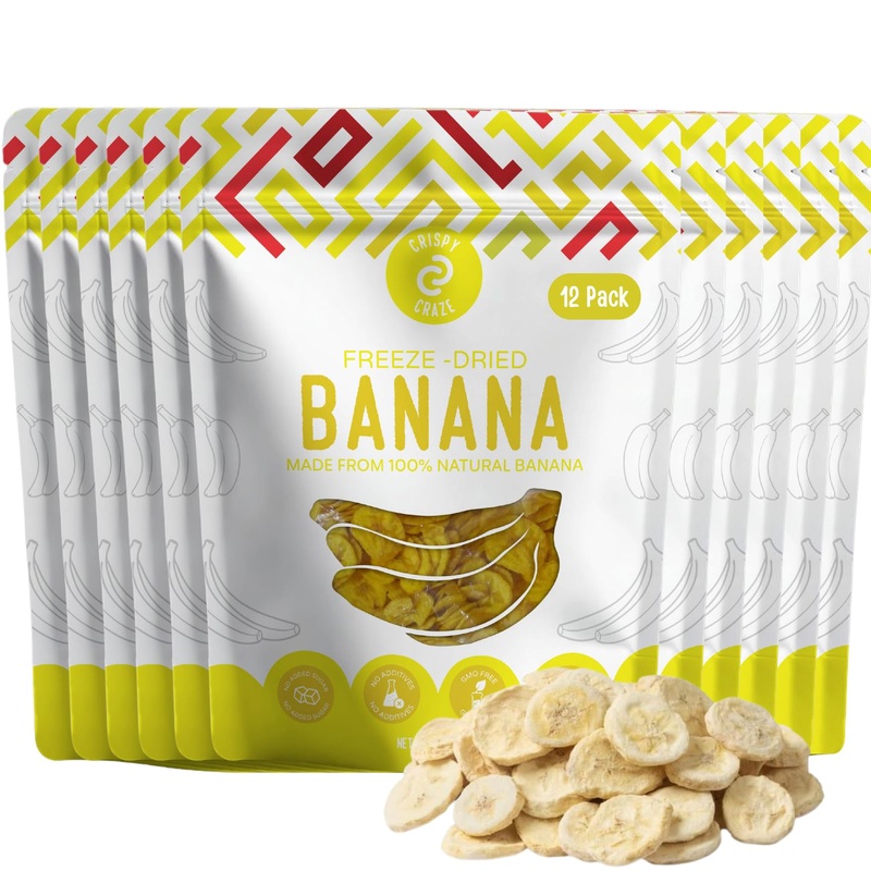 Crispy Craze Freeze Dried Bannans (24 Snack Sized Bags, 0.52 Oz Each), Sliced Banana Fruit Crisps, Non Gmo, Healthy Snack, No Ad
