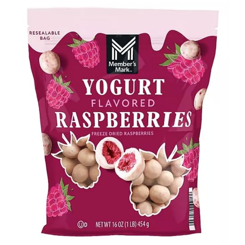Member Mark Freeze Dried Raspberries, Yogurt Flavored, 16 Ounces (1 Pound) Resealable Bag – Healthy Snack Option