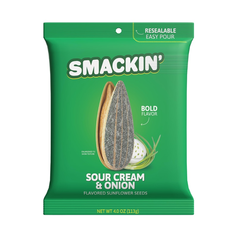 Smackin’ – Jumbo Roasted Sunflower Seeds, No Salty Burn, American Made, Easy Pour & Seal – Sour Cream & Onion, 4Oz Bag (12 Bags)