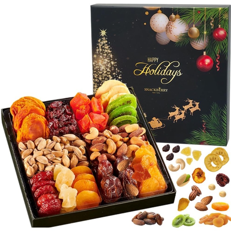 Christmas Dried Fruit & Nuts Gift Basket Arrangement Platter, Gourmet Food Snack Box, Healthy Kosher (12-Pack)
