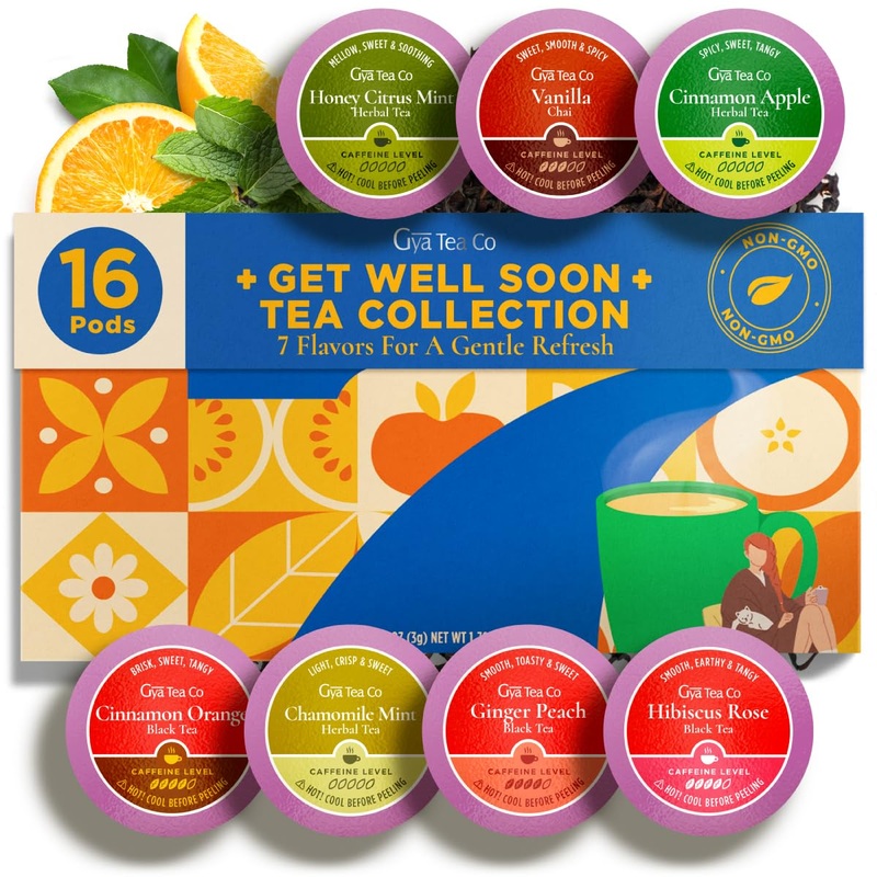 Gya Tea Co Get Well Soon Collection Tea Gift Set (16 Ct) – 7 Flavors Assorted Tea Pod Variety Pack With Hibiscus Rose, Cinnamon