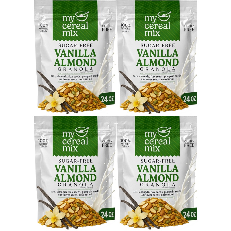 Mycerealmix Sugar Free Vanilla Almond Granola – 4 Pack (96Oz Total) – Vegan, Gluten Free – Blood Sugar Friendly Breakfast – Natu