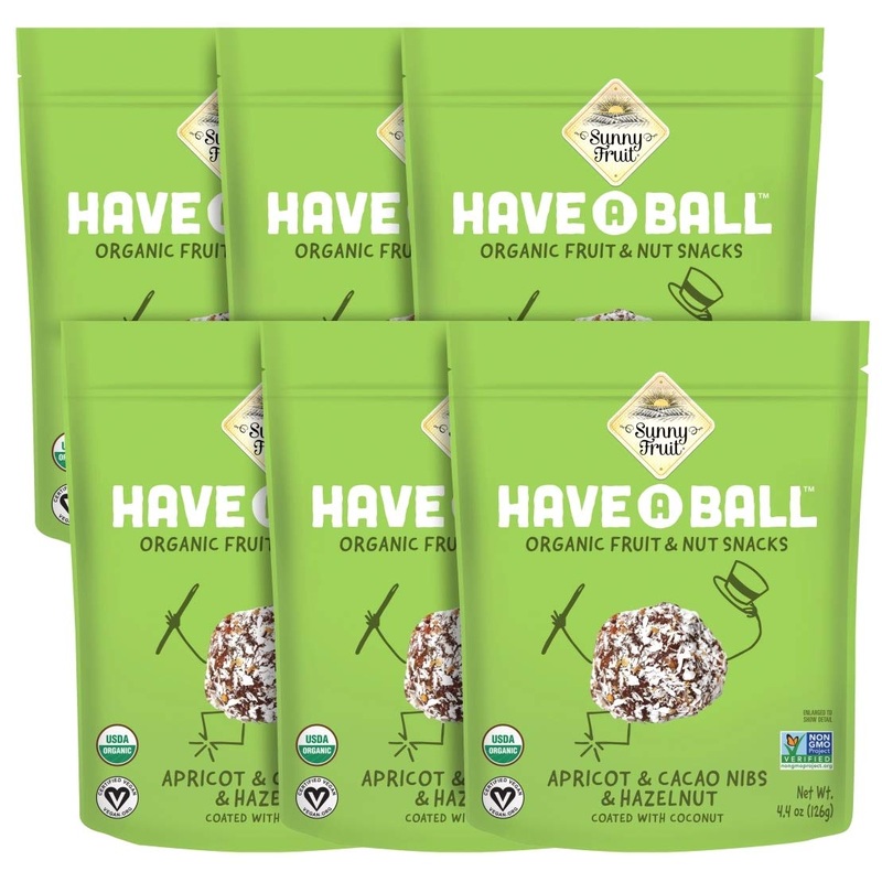 Sunny Fruit 100% Raw Fruit & Nut Snacks, Apricot, Cacao Nibs & Hazelnut, 6-Pack (9 Balls Per Bag) | Healthy, Convenient, On-The-