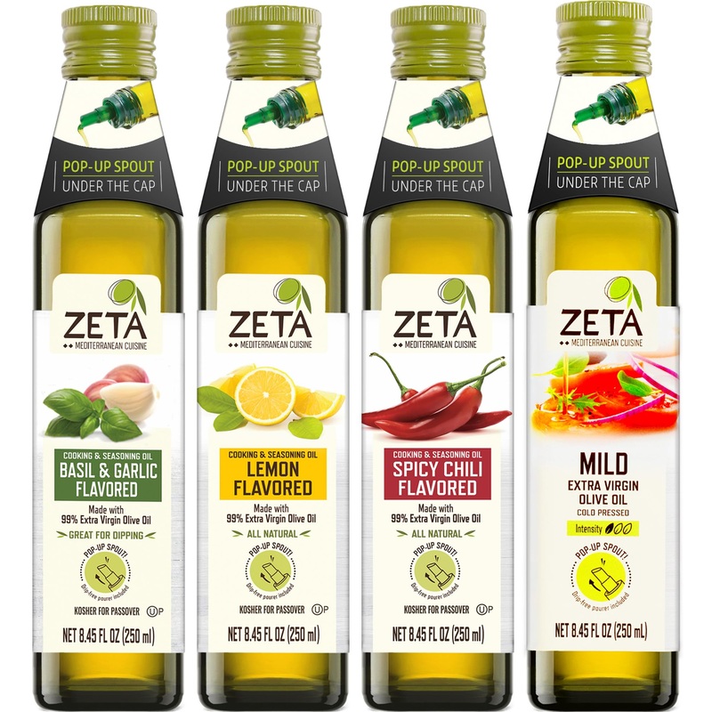 Zeta Extra Virgin Olive Oil Variety Pack, 8.5 Fl Oz (4 Pack) | Basil & Garlic, Lemon, Hot Pepper & Evoo | Premium Glass Bottle W