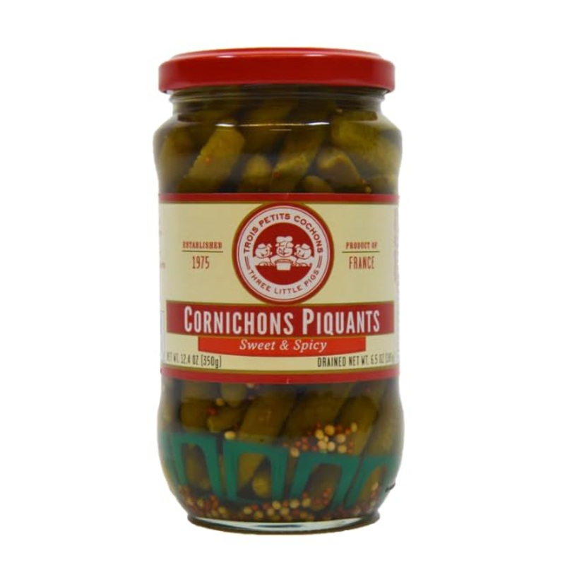 Les Trois Petits Sweet & Spicy Baby Gherkins, Vegan, 12.4 Ounces (Pack Of 12)