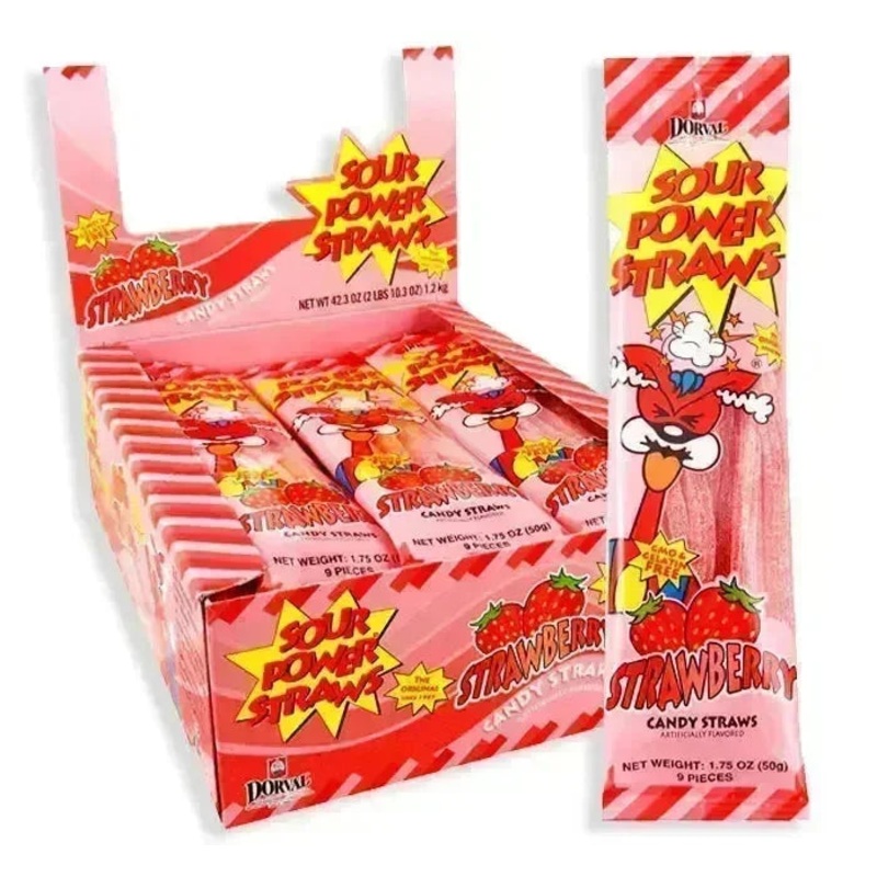 Sour Power Candy Straws Peg Bag – Strawberry: 24-Piece Display
